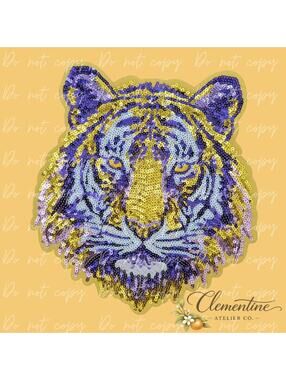Tiger | Purple and Gold | Yellow Backing | Tiger Face Sequin Iron-on Patch